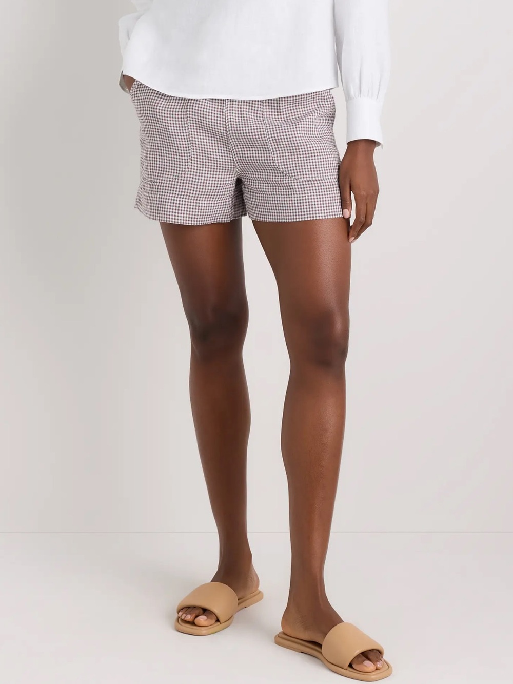 Quince Linen Shorts Medium Taupe Gingham Drawstring Casual